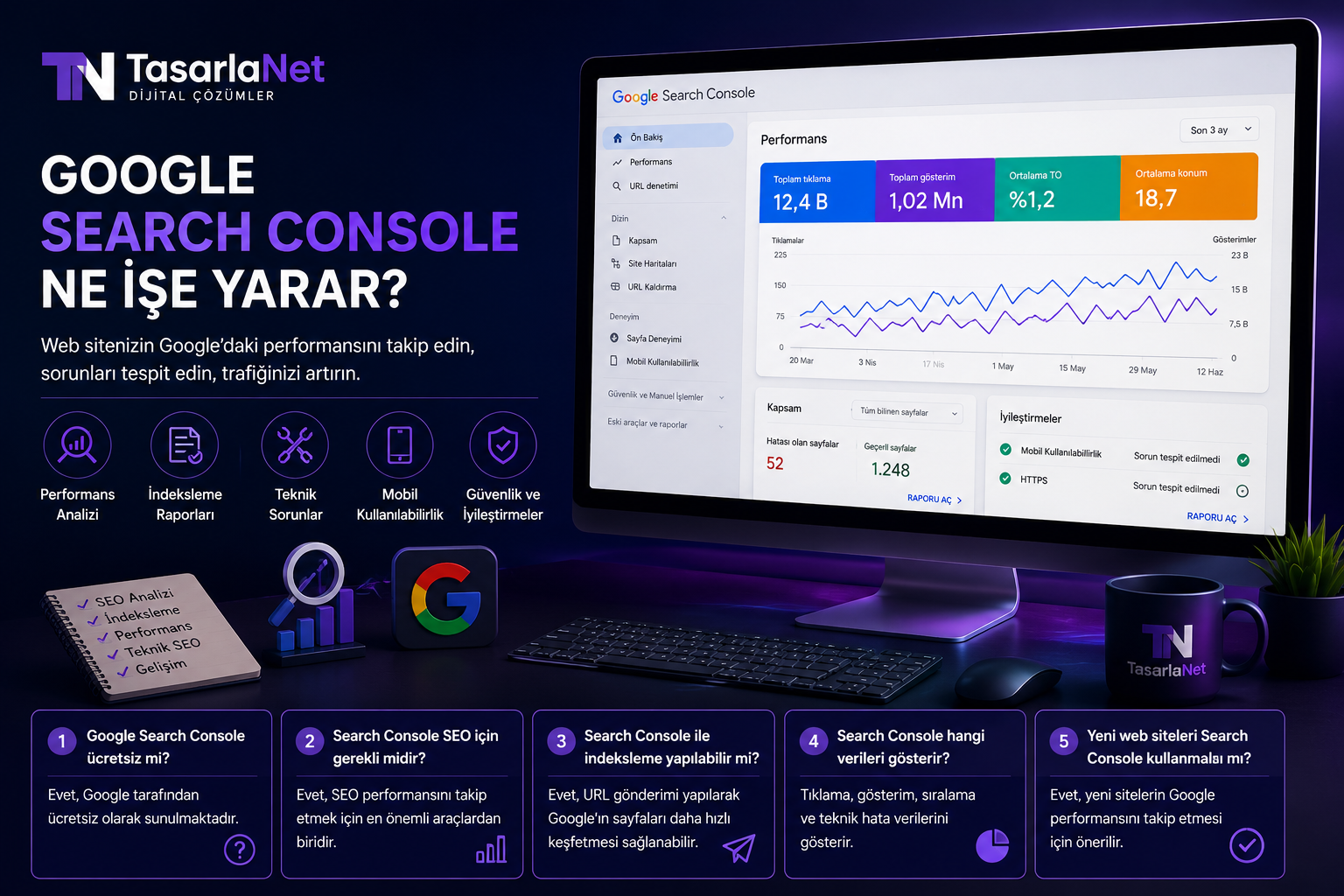 Google Search Console ile web sitenizin performansını analiz edin, indeksleme sorunlarını tespit edin ve Google'daki görünürlüğünüzü artırın.