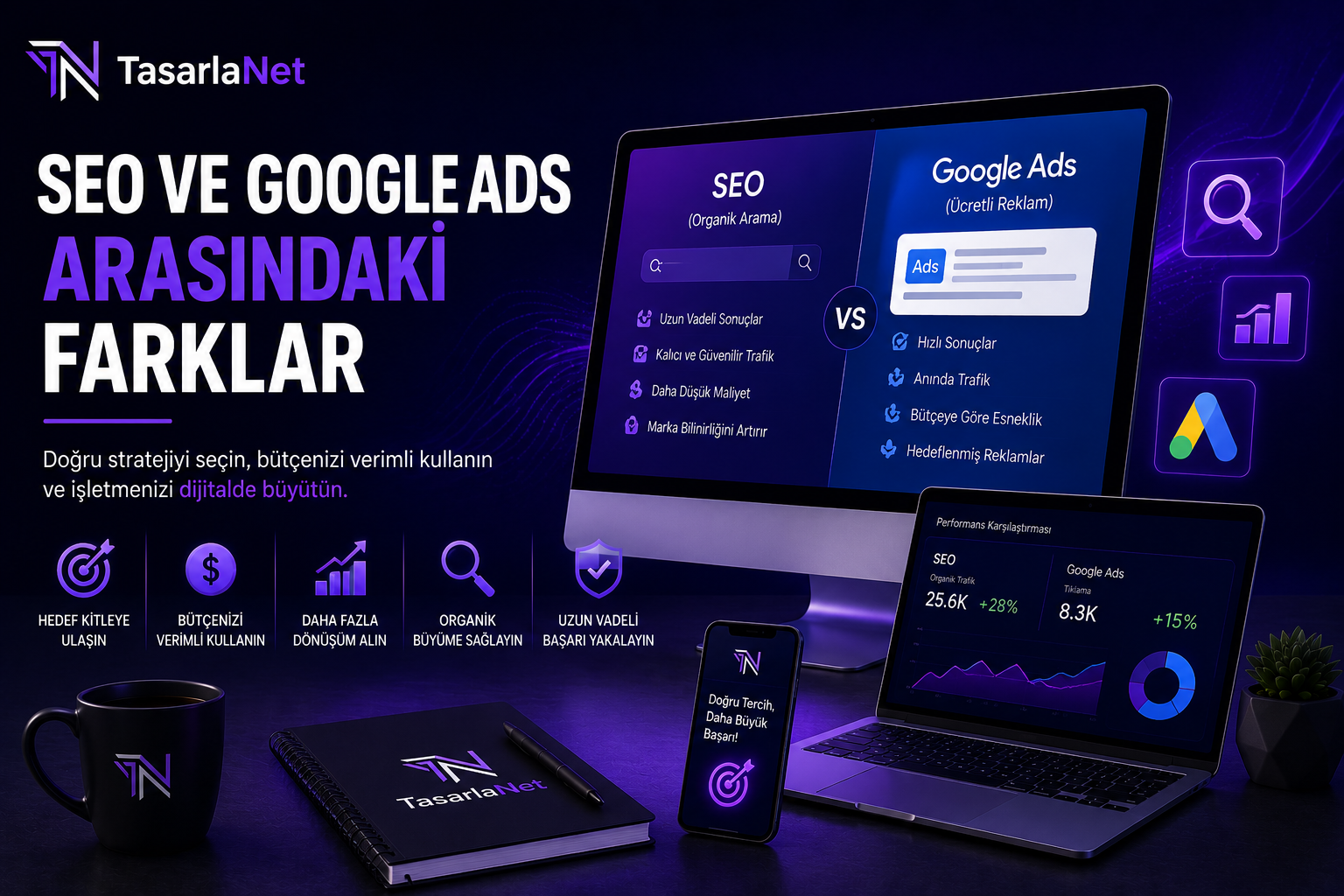 SEO ve Google Ads arasındaki farkları gösteren dijital pazarlama görseli